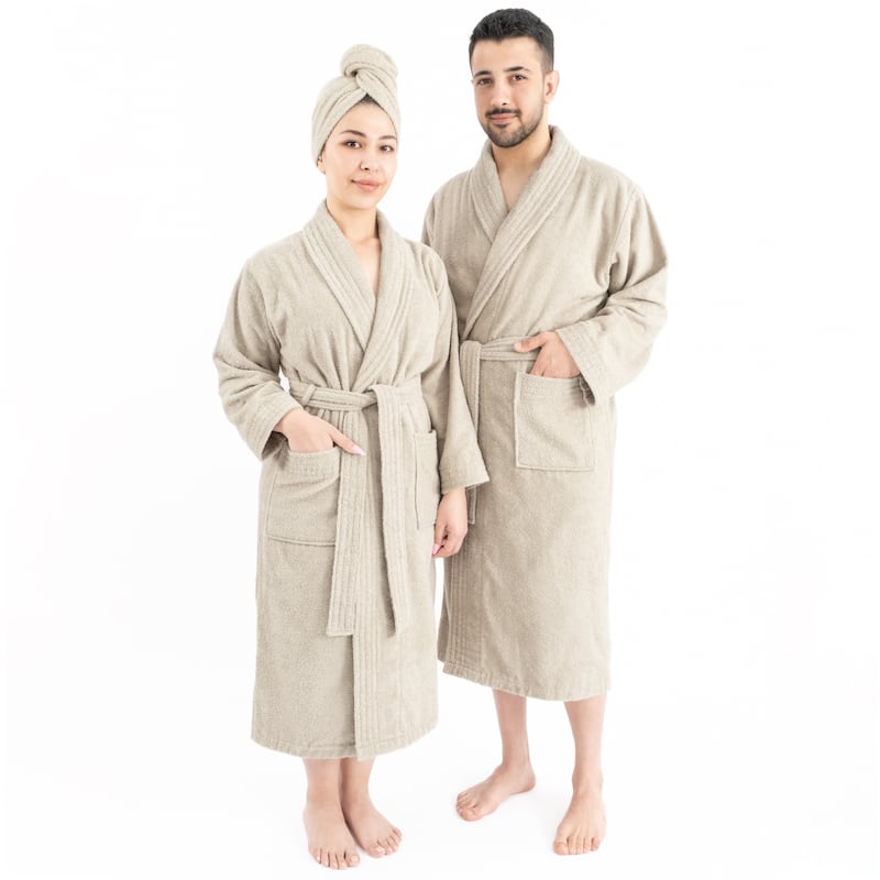 100% Cotton Robes for Women and Men, Soft Lightweight Unisex Couple Turkish Bathrobes - Medium - Beige