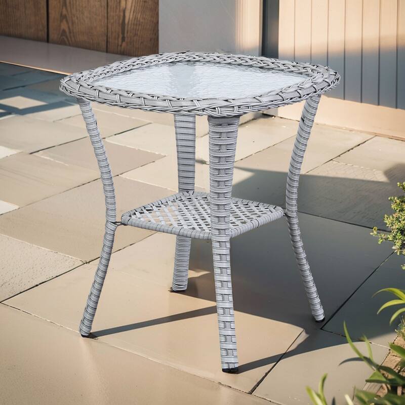 Pocassy Patio Wicker Coffee Table, Outdoor Rattan Side Table - 20"X20" - Light Grey