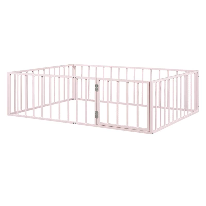 Pink Full Size Metal Floor Bed Frame with Fence and Door for Kids