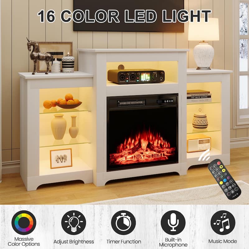 32" H Fireplace TV Stand, 55/70 Inch Media Console for TVs up to 80", Remote, Storage & LED Lights