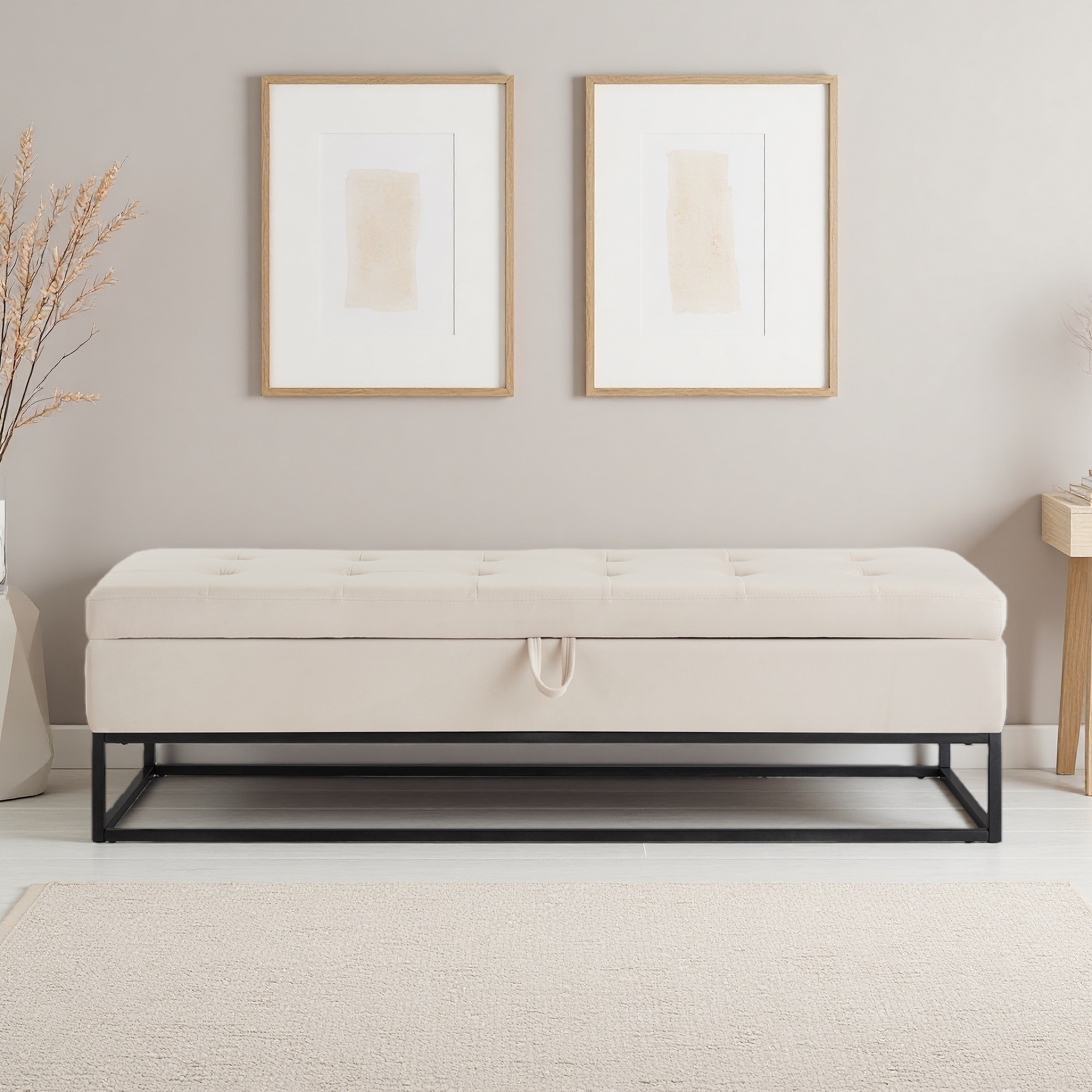 58.6"L Velvet Upholstered Bed Bench with Metal Base & Storage