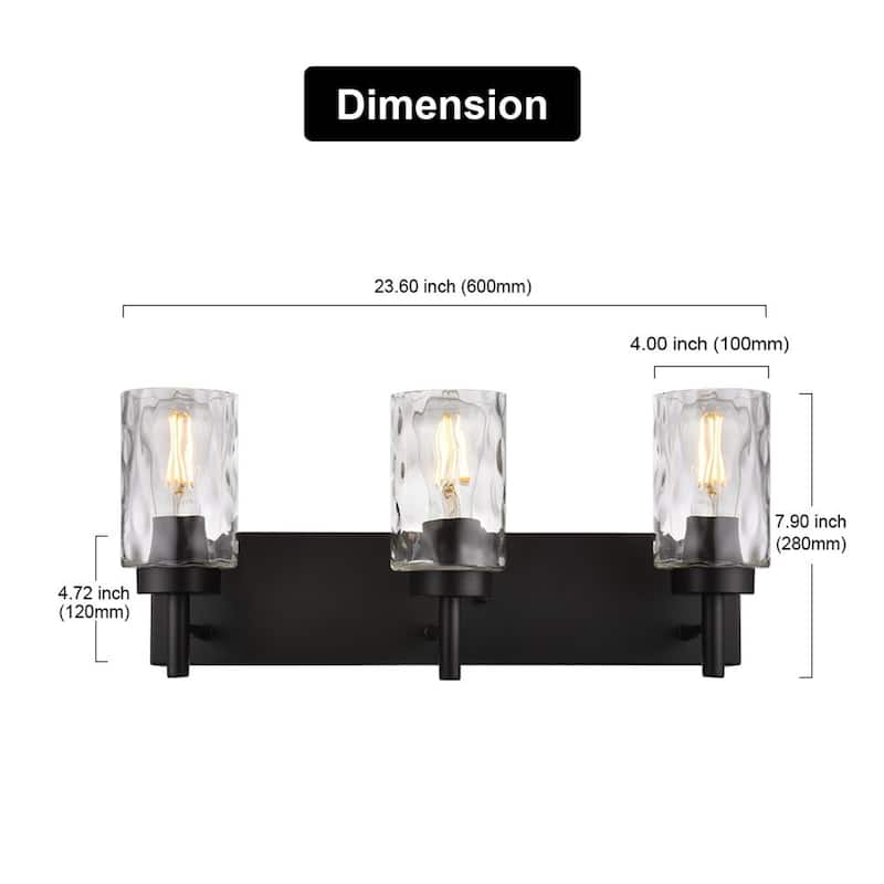 3-Light Black Vanity Light with Hammered Glass