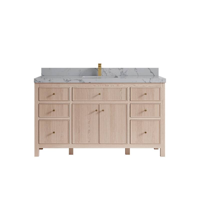 Willow Collections 60 x 22 Sonoma White Oak Wood Single Sink Bathroom Vanity with Quartz or Marble Countertop - 2"Venatino Quartz - White Oak