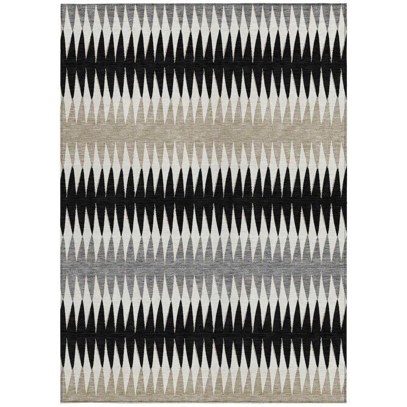 Black Gray And Beige Striped Washable Indoor Outdoor Area Rug - 5' X 8'