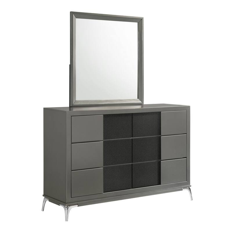 Rya 56 Inch Modern Wide Dresser with 6 Drawers, Gray Wood, Chrome