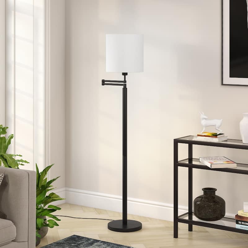 Metal Swing Arm Floor Lamp with Linen Drum Shade and Frosted Glass Rotary Socket Switch - 12” x 23” x 62” (D x W x H)
