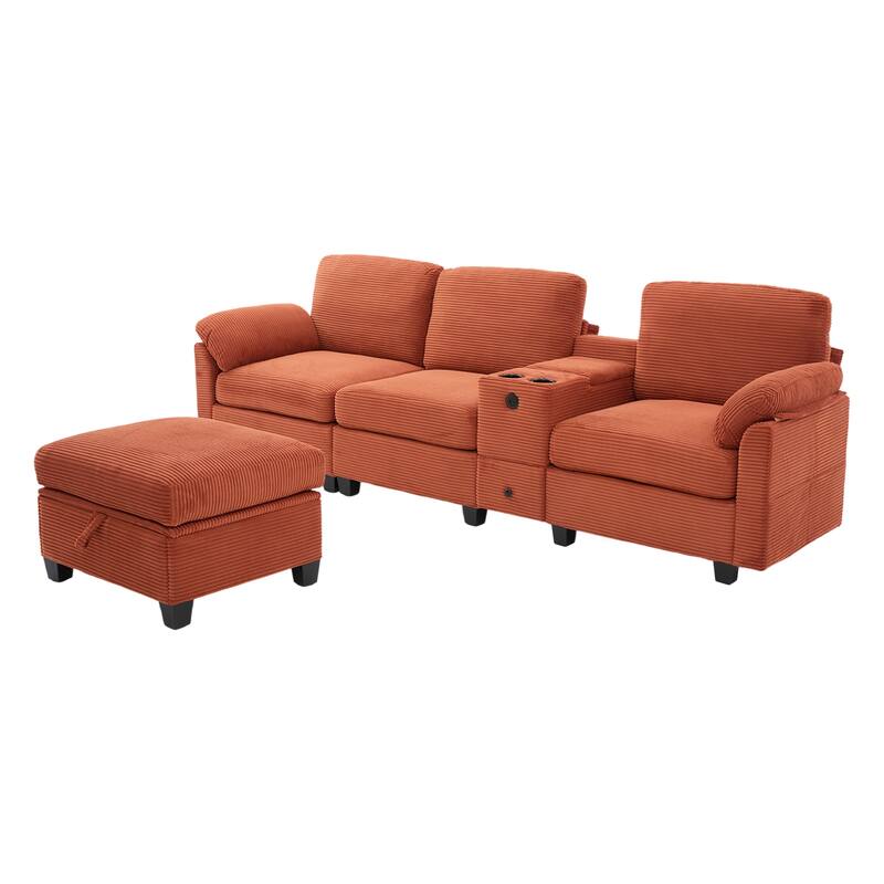 HOMEFUN Corduroy Upholstered L-Shaped 4-seater Storage Multifunctional Sectional Sofa with Storage Ottoman,Cup Holder and USB