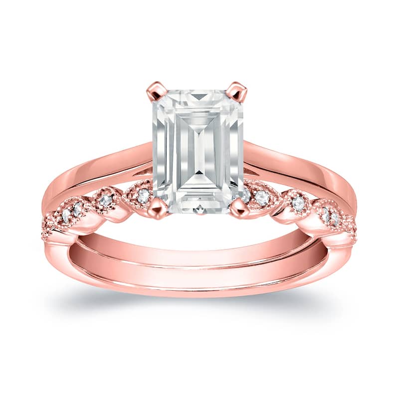 Auriya 14k Gold 7/8ctw Vintage Emerald-cut Solitaire Diamond Engagement Ring Set - Rose - 6.5