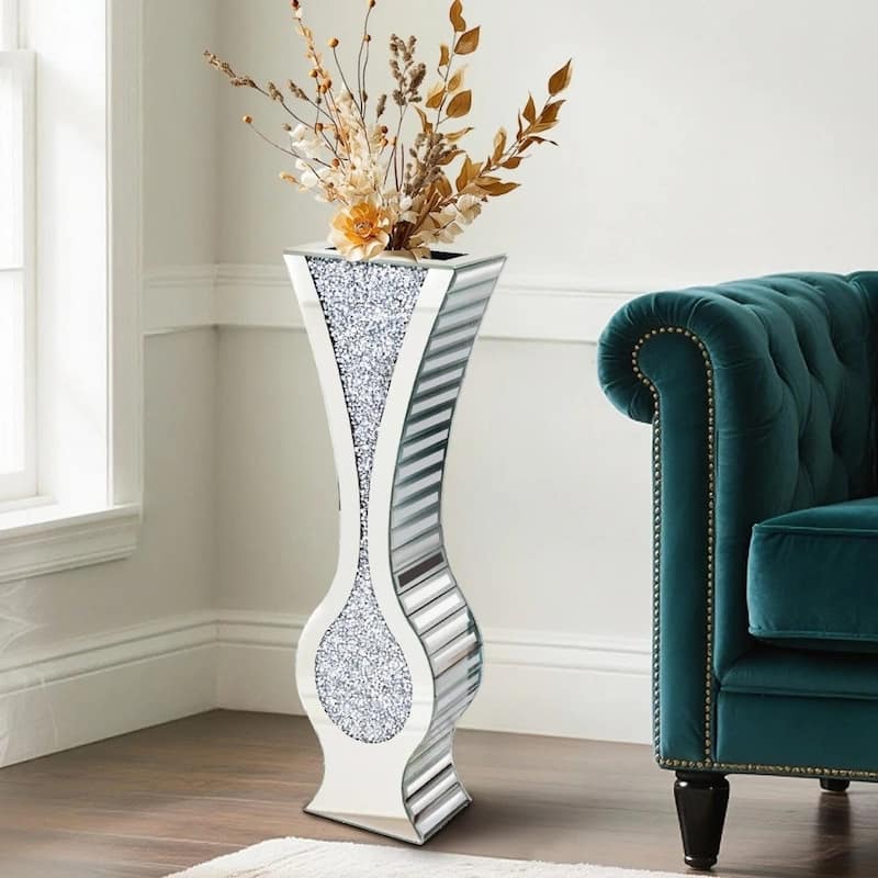 27" Tall Silver Mirrored Floor Vase Glam Crushed Diamond Vases