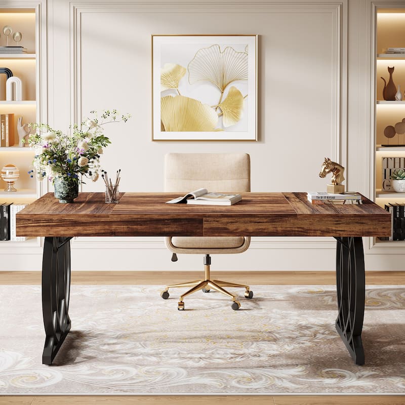 63'' Executive Desk, Modern Office Desk White and Gold Computer Desk