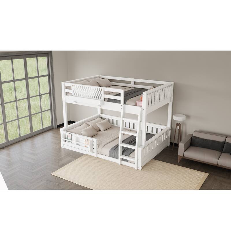 Full XL over Queen/Full over Queen Bunk Bed with Ladder and Guardrails, Pegboard and bookshelf, White