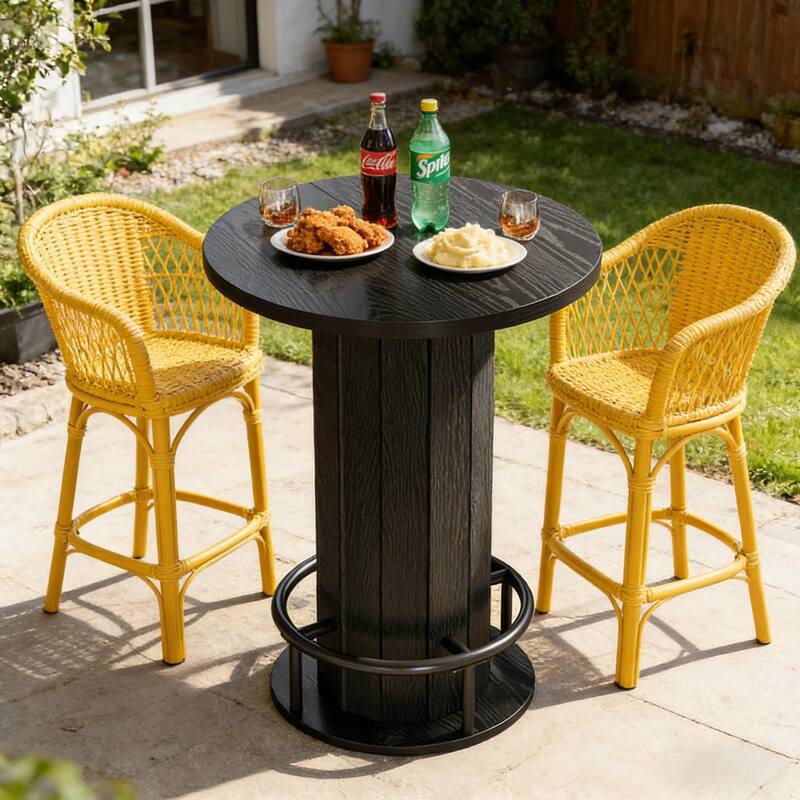 Round Bar Table with Fence-Style Base, Wood Cocktail Table Pub Table with Footrest, Coffee Table Kitchen Dining Table - Black