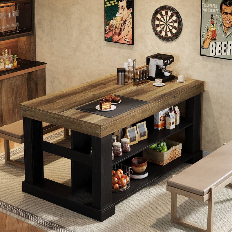 55 Inch Bar Table with Storage Shelves, Counter Height Pub Table, High Top Table for Home Bar, Bistro, Dining Room, Living Room