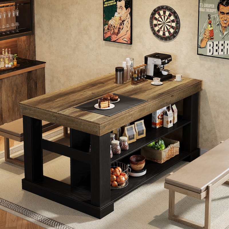 55-Inch Stationary Kitchen Island with Seating and Storage Shelves & Large Worktop, Farmhouse Style - 31.5"D x 55.12"W x 35.43"H
