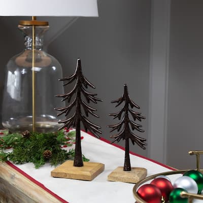 Trees on Wood Base Metal Christmas Decorations - 11.5" - Bronze - Set of 2 - 11"