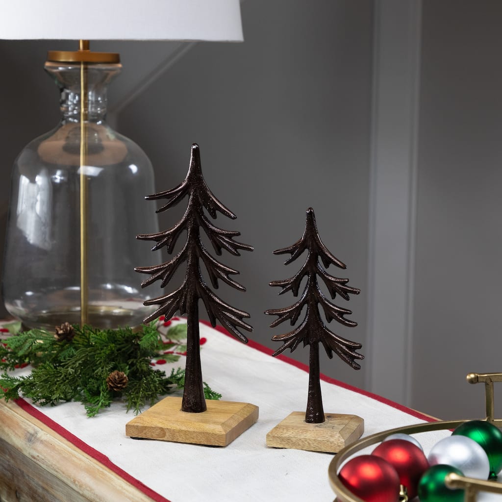 Trees on Wood Base Metal Christmas Decorations - 11.5" - Bronze - Set of 2