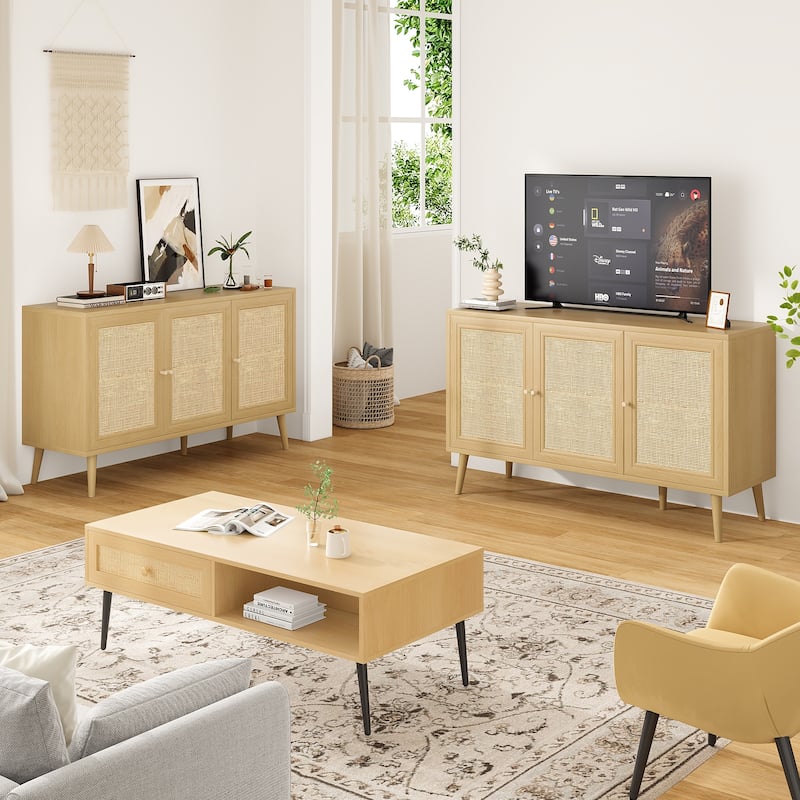 Anmytek Black 3-Door Rattan Buffet Sideboard Wooden Storage Cabinet for Living Dining Room