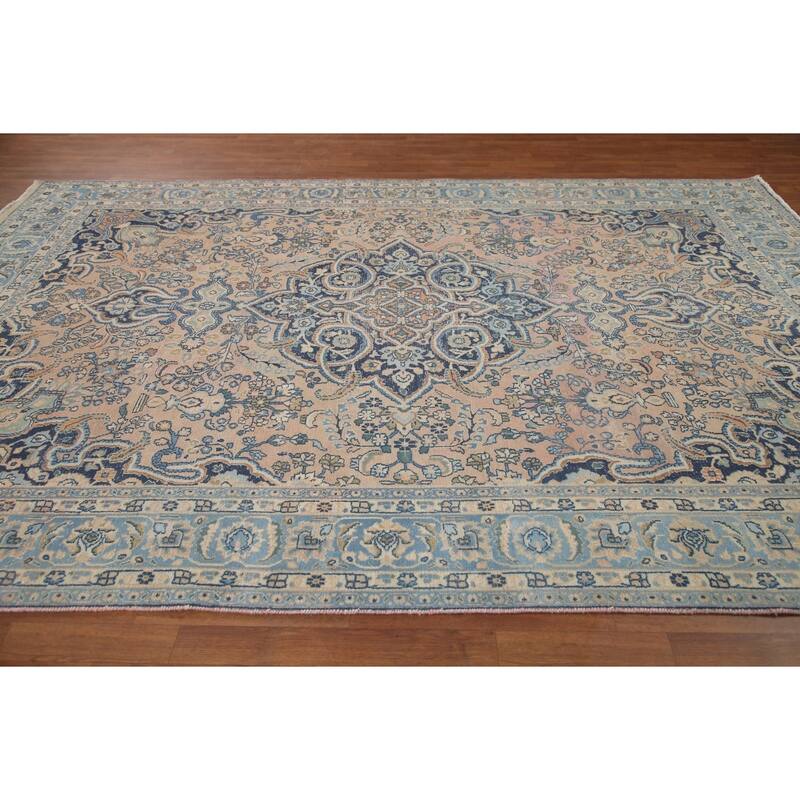 Hand Knotted Oriental 100% Wool Carpet Traditional Floral Peach Mashad Area Rug - 11' 6'' X 7' 11''