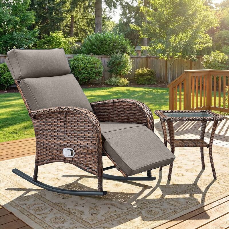 Pocassy Versatile Outdoor Recliner Rocker Chair with Side Table - Brown Wicker with Gray Cushion - 2-Piece Rocker Recliner Chair with Side Table