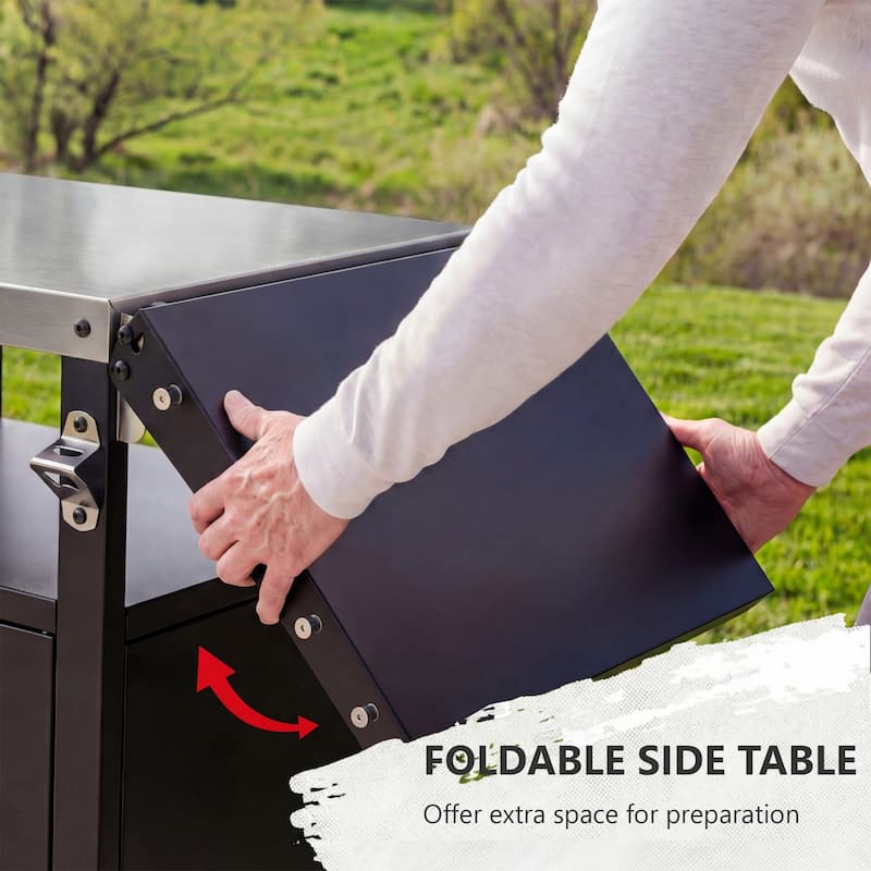 Outdoor Kitchen Island Grill Cart with Pizza Oven Table, Stainless Steel Top & Waterproof Cover