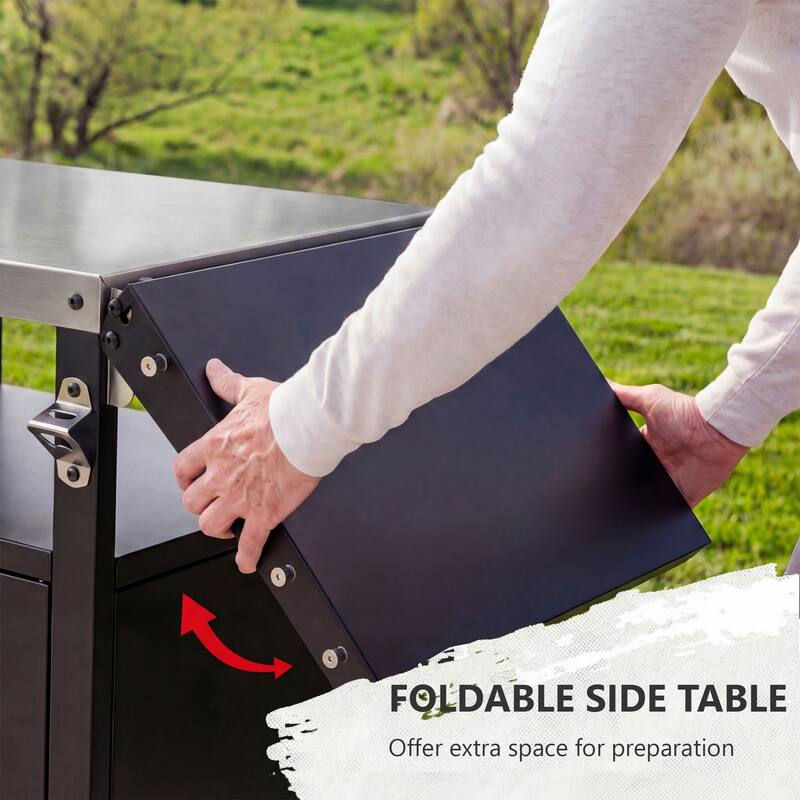 Outdoor Metal Grill Cart with Storage Cabinet, Foldable Table, Wheels & Stainless Steel Top & Hooks & Spice Rack
