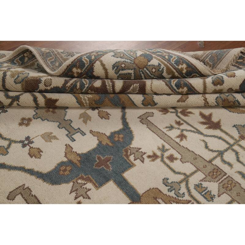 All-Over Ivory Oushak Indian Area Rug Hand-Knotted Wool Carpet - 8'11" x 12'0"
