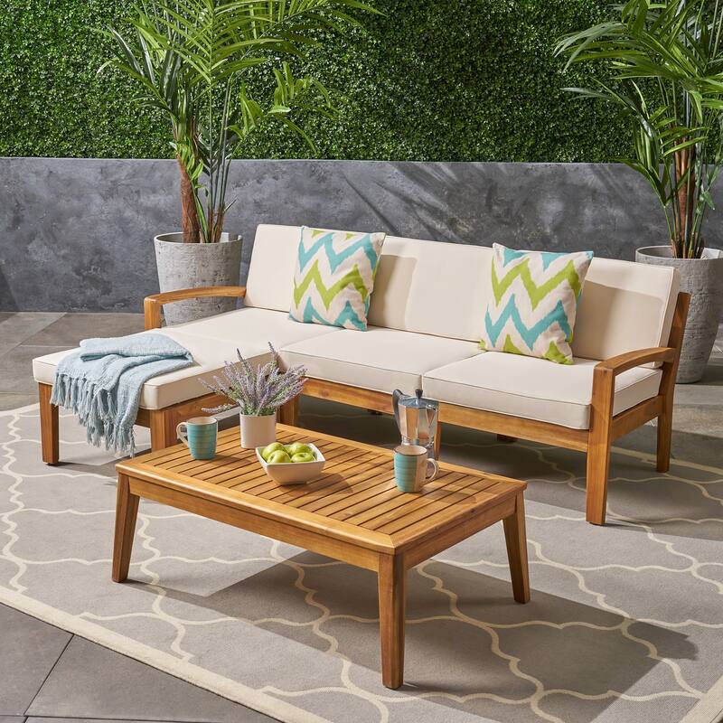 L Shaped 3 Piece Acacia Wood Sectional Patio Sofa Set with Ottoman and Coffee Table