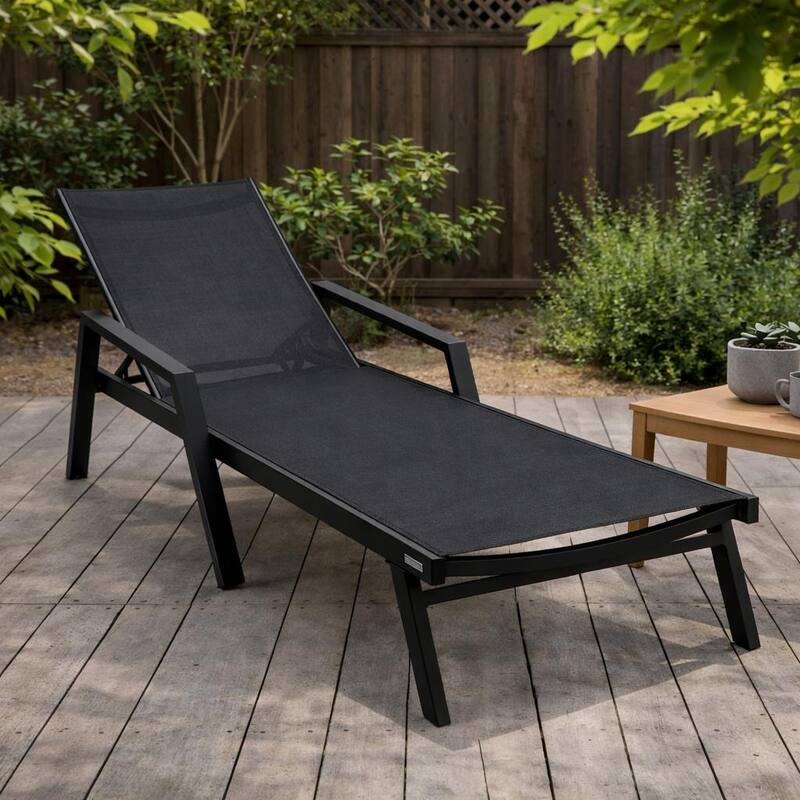 Marlin Outdoor Stackable Mesh Sun Chaise Lounge Chair with Arms and Adjustable Backrest for Pool, Beach, Patio, and Garden