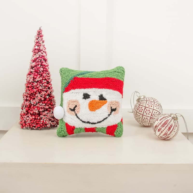 8" x 8" Happy Snowman Hooked Petite Christmas Holiday Throw Pillow