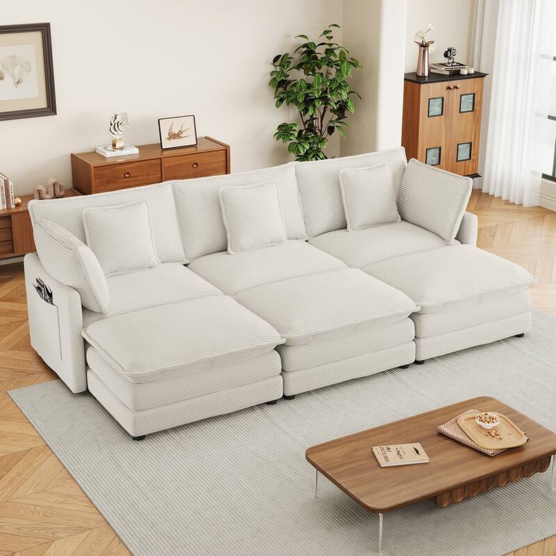 Modular Sectional Sofa, Corduroy, Storage Pockets, Movable Ottomans - Beige