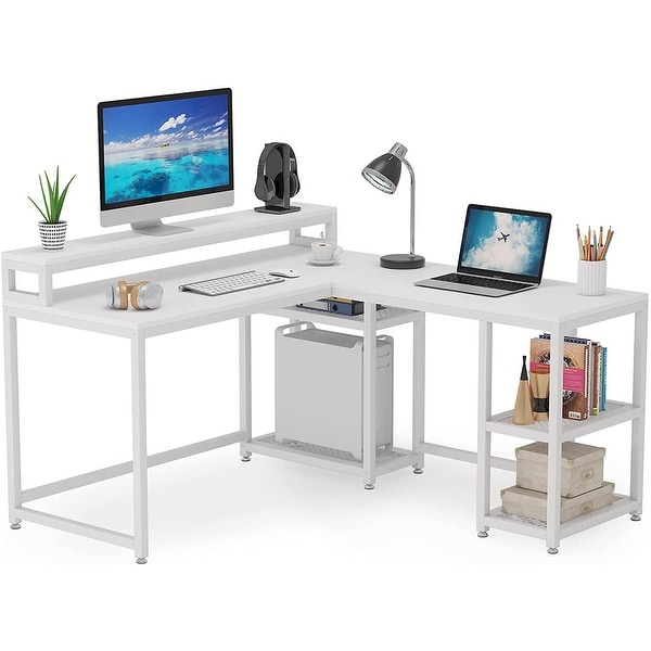 59x55 inch Large Reversible L-Shaped Desk with Monitor Stand and Shelf. Opens flyout.