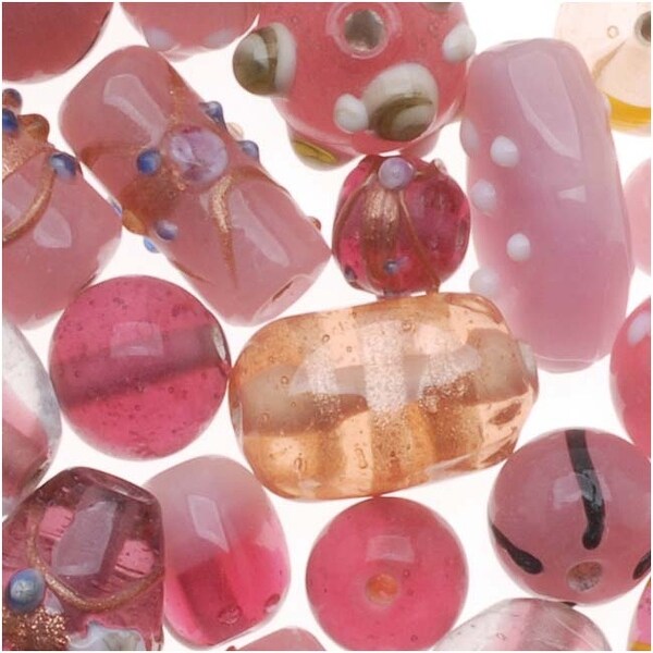 Lampwork Glass Beads 'Rose Pink Mix' Assorted Styles & Sizes (8.5 oz)