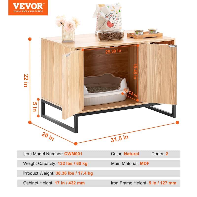 Cat Litter Box Enclosure, Hidden Litter Box Furniture, with 2 Doors & Study Metal Legs, 31.5"L x 20"W x 22"H