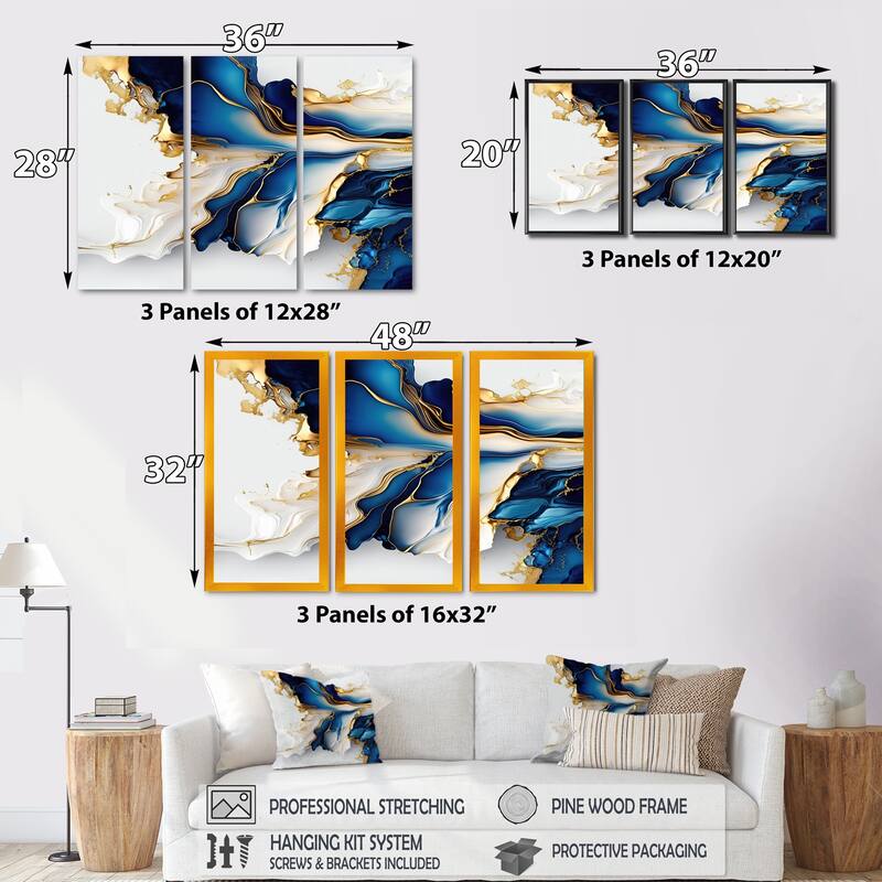 Designart "Abstract Geode Gold And Blue Marble Shape III" Modern Geometric Canvas Art Print - 3 Panels