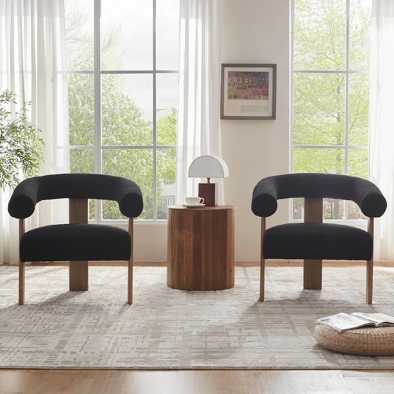 Accent Chair Living Room Chair with Solid Wood Frame - Black - Set of 2