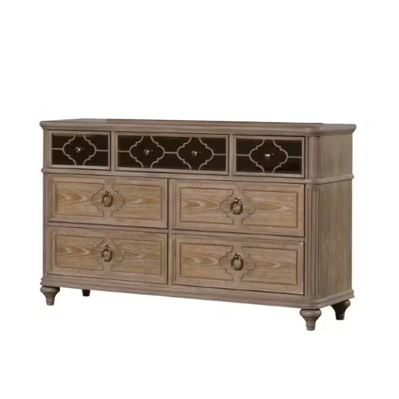 Lyla 7 Drawer Wide Dresser, Rustic Oak Solid Wood, Antique Mirror Panels