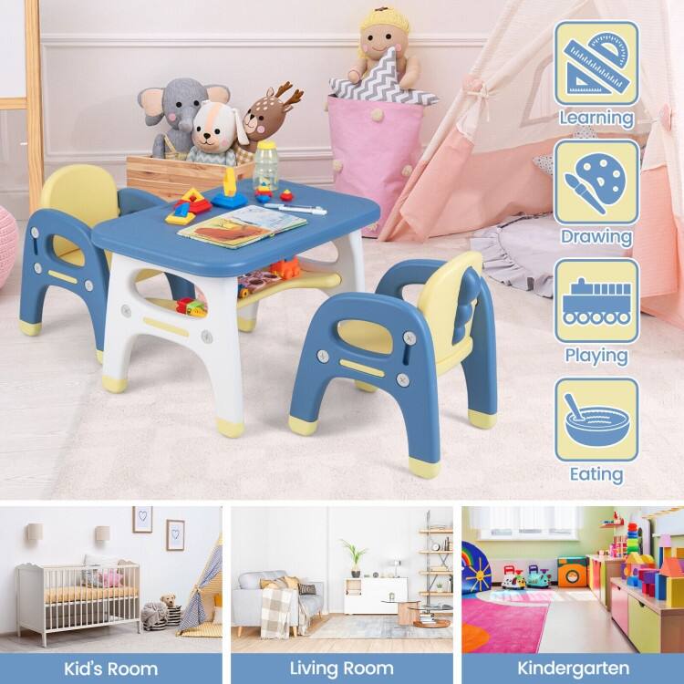 Kids Table and 2 Chairs Set with Storage Shelf and Building Blocks-Blue - 31" x 19" x 19"