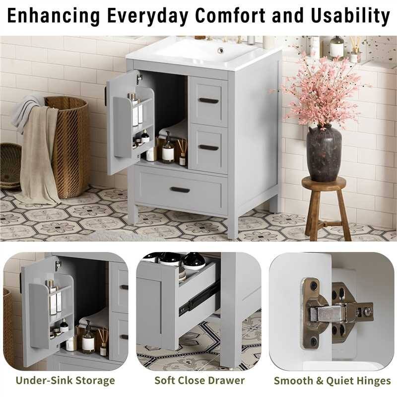 Modern 24" Bathroom Vanity with Ceramic Sink - Soft-Close Door with Double Shelf, 3 Drawers,for Small Spaces