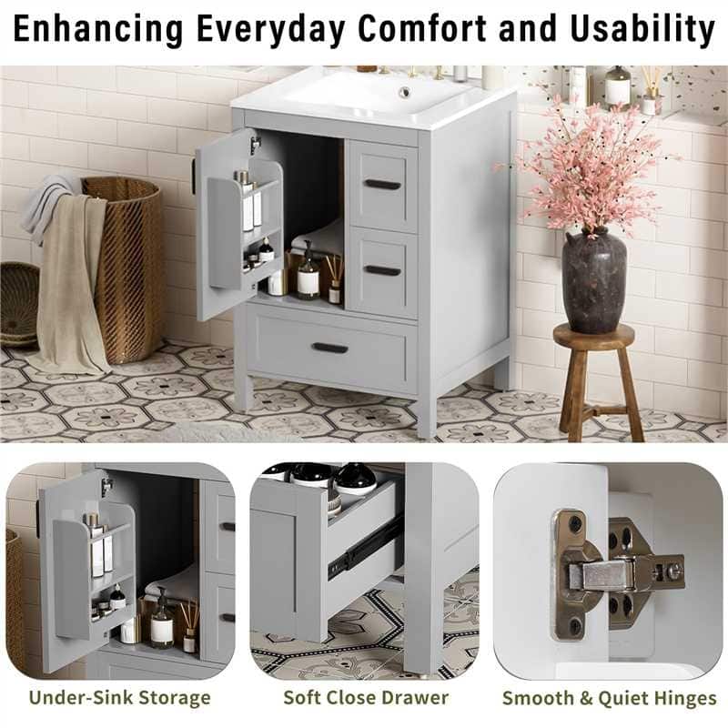 Modern 24-inch Bathroom Vanity with Ceramic Sink, Soft-Close Door, Double-Layer Door Shelf, and 3 Drawers