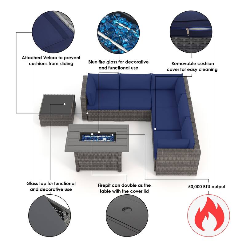 7 Piece Wicker Set Patio Sofa Furniture with Fire Pit And Table