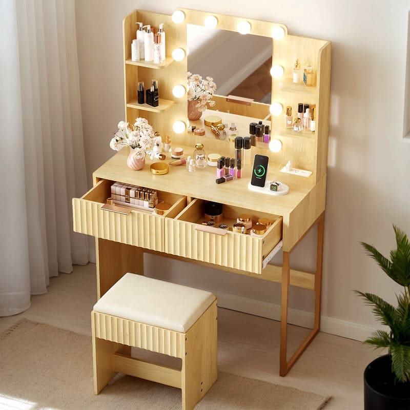 Particle Board Veneered with Textured Melamine, 2-drawer 4-Shelf, comes with 10 Three-color Dimmable Bulbs, Dressing Table Set