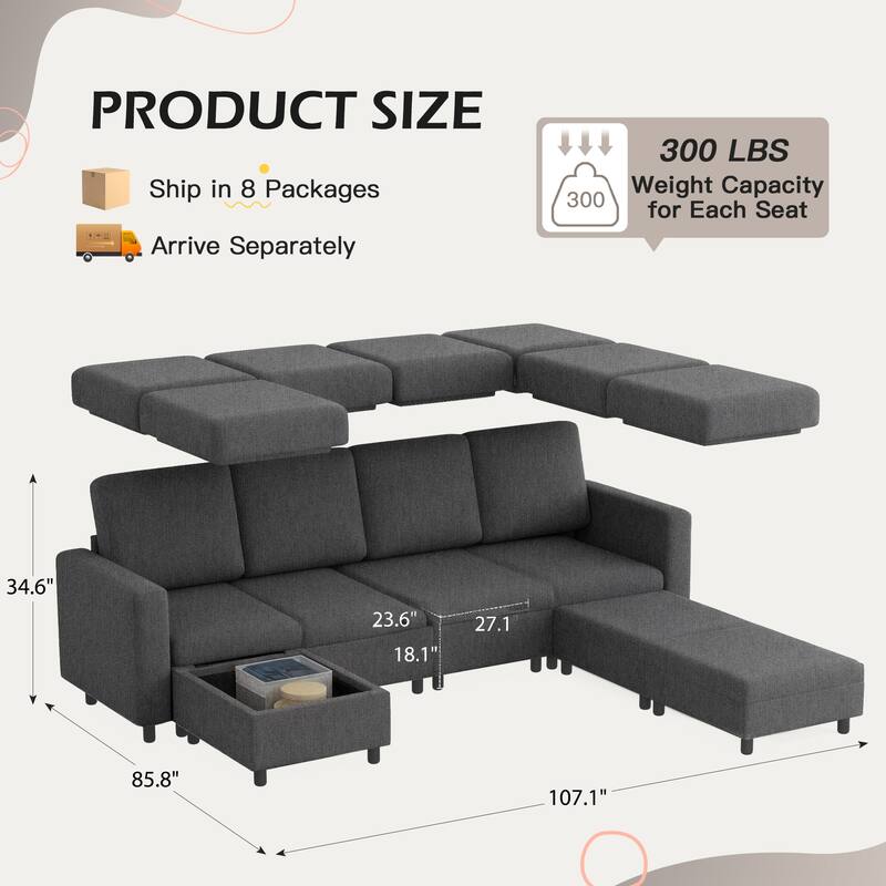 Erommy 6/7-Piece Modular Sectional Sofa – Reversible L-Shaped Couch with Hidden Storage, Space-Saving Living Room Furniture