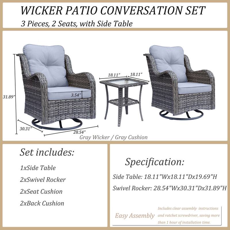 3 Piece Outdoor Patio Conversation Wicker Furniture Swivel Chairs Sets