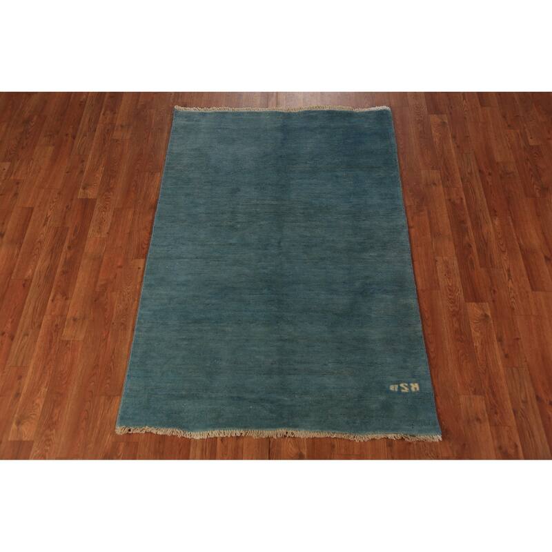 Blue Gabbeh Modern Rug Handmade Solid Wool Carpet - 3'4" x 4'11"