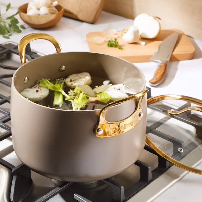Bloomhouse Pots and Pans Heavy Duty Aluminum Premium PFA Free Ceramic Nonstick - Cappucino Cream with Gold Handle