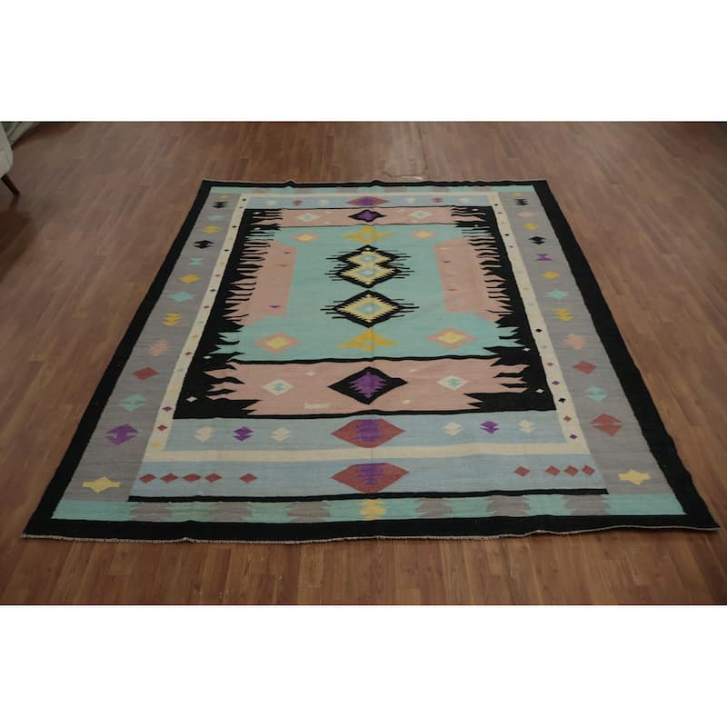 Hand Woven Oriental 100% Wool Carpet Southwestern Tribal Navy Blue & Blues Kilim Area Rug - 10' 0'' X 8' 5''