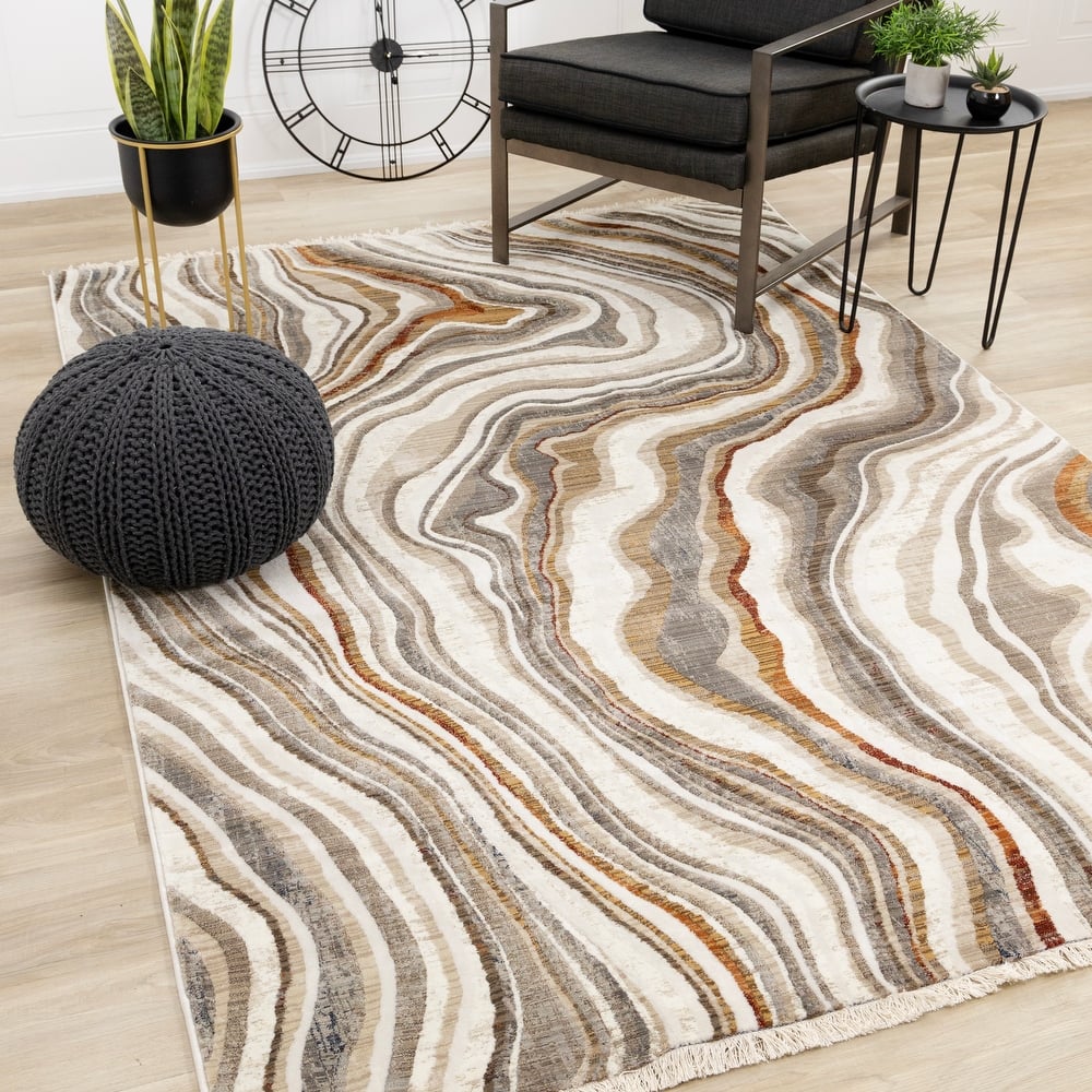 Santiago Collection - Cream Grey Brown Wavy Landscape Area Rug