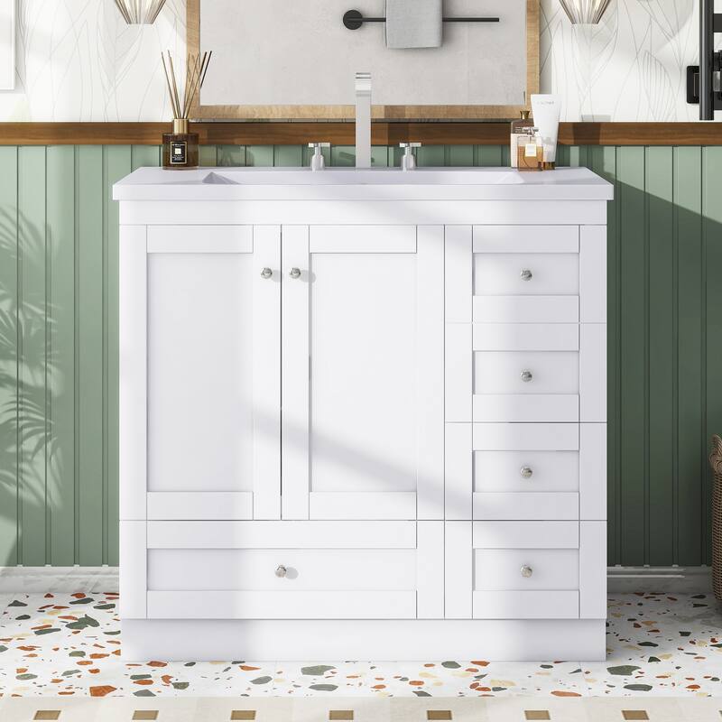 GDFStudio - Vega Wood & Ceramic 36" Shaker Style Bathroom Vanity with Sink, 4 Drawers & 2 Doors - 36" + Resin + 2 packages - White