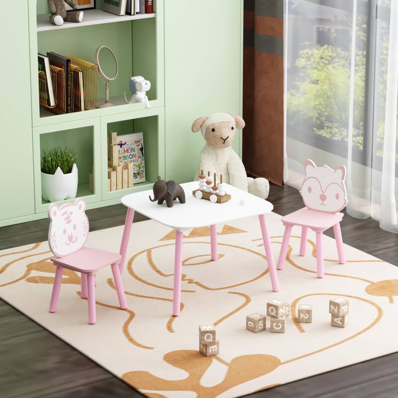 Anmytek Toddler 3-Piece Wooden Table and Chair Set Kids Activity Desk with Animal Backrest for Playroom Nursery