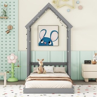 Wood Floor House Bed wRoof Framed Headboard and Guardrails